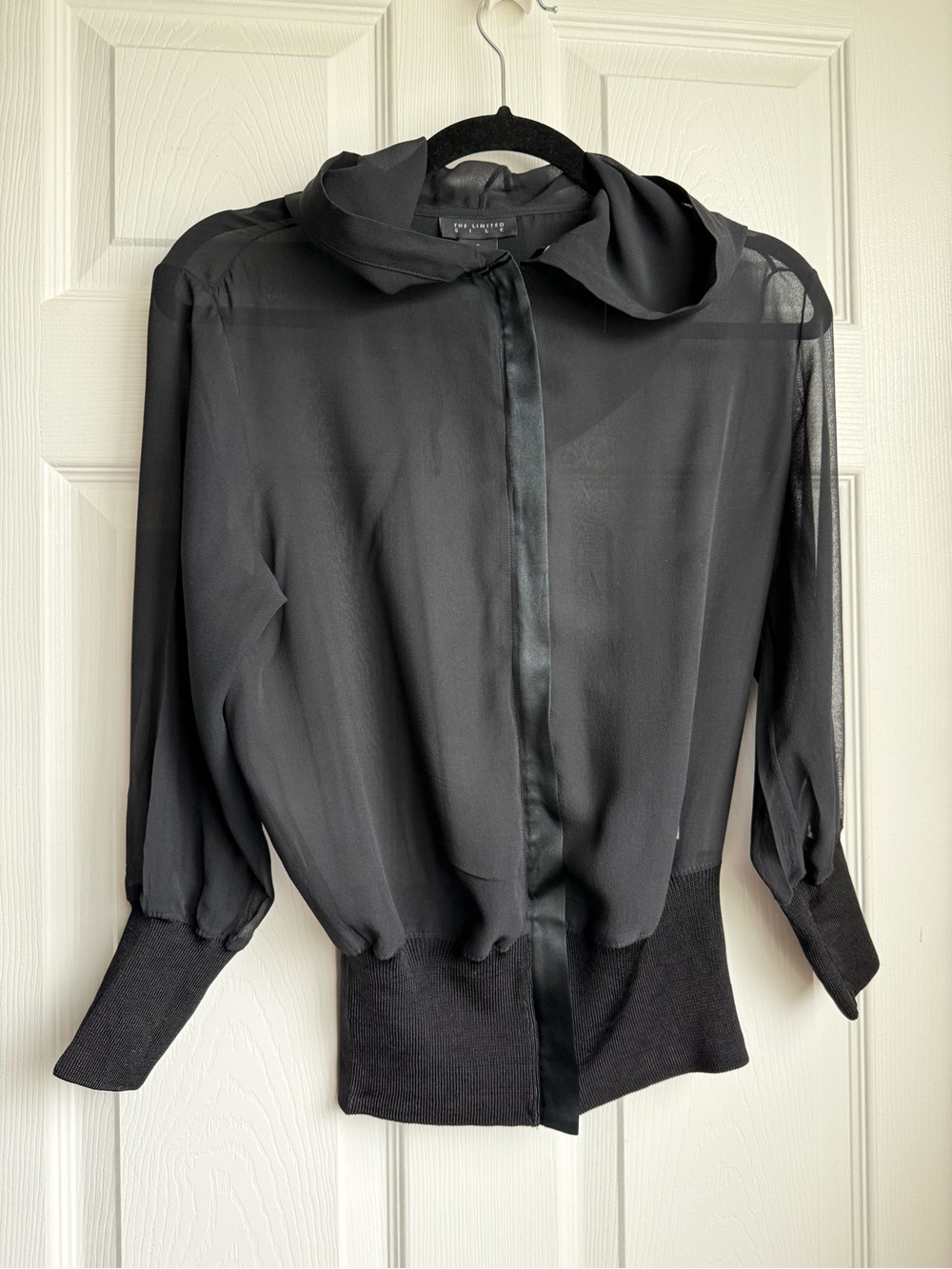 The Limited Black Sheer Chiffon Bomber Blouse Silk Trim Ribbed Hem Size S